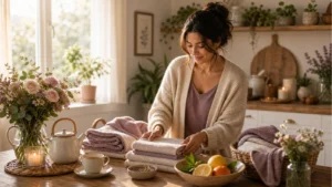 Warm editorial home-care reset scene for the end of a tiring month