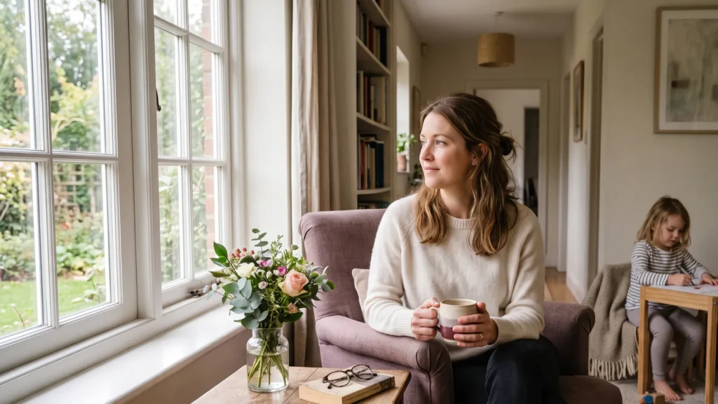 Warm editorial home-care scene with linens and herbs for a family weekend