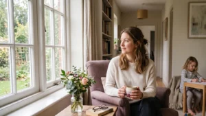Warm editorial home-care scene with linens and herbs for a family weekend