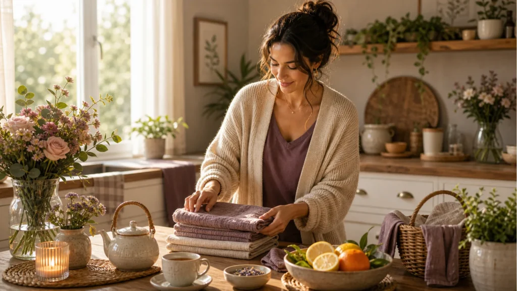 Warm editorial home-care reset scene for the end of a tiring month