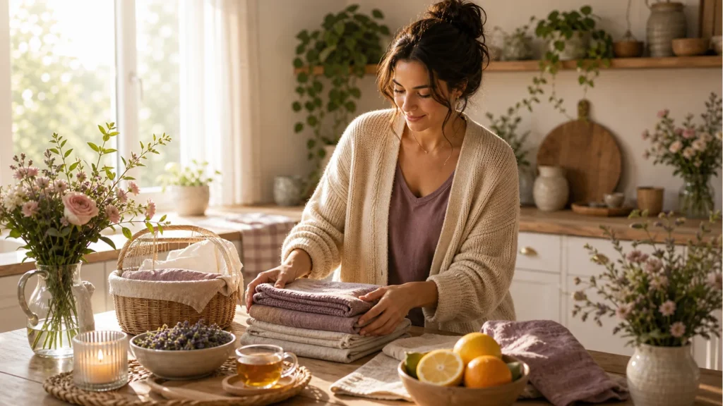 Warm editorial home-care scene with linens and flowers
