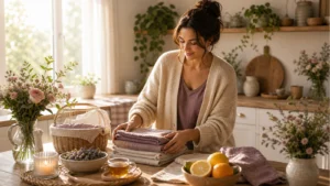 Warm editorial home-care scene with linens and flowers