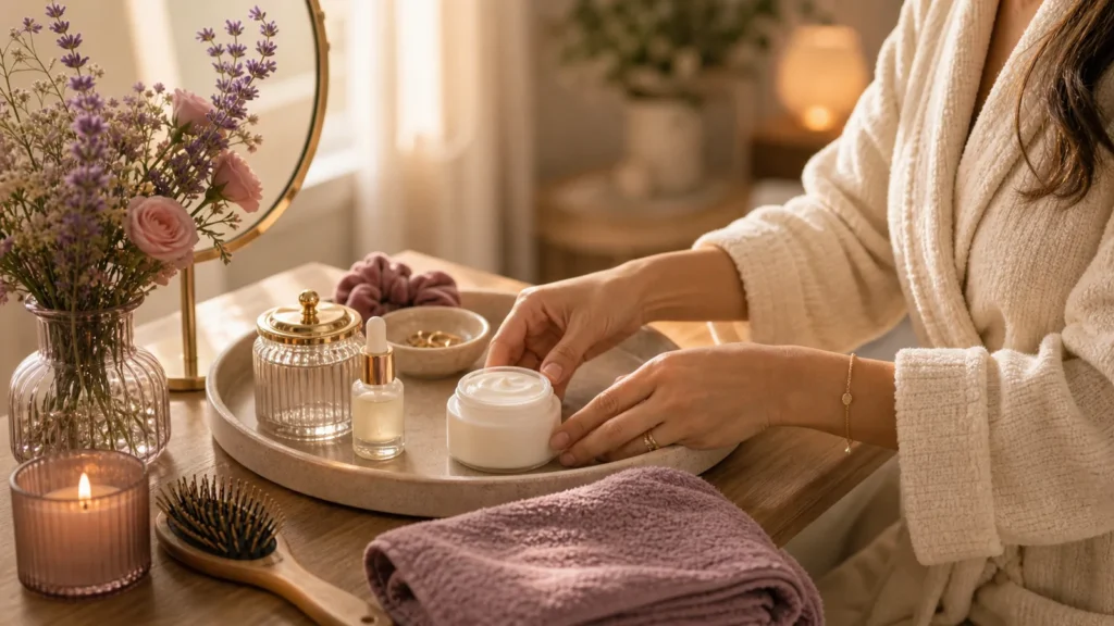 A warm soft beauty scene with a woman doing an easy skincare ritual at a bright bathroom vanity, natural textures, towel, serum bottle without labels, relaxed non-perfect real-life mood, no text.