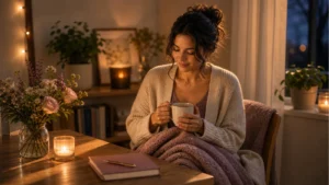 Warm editorial pause scene for small comfort practices during a busy week