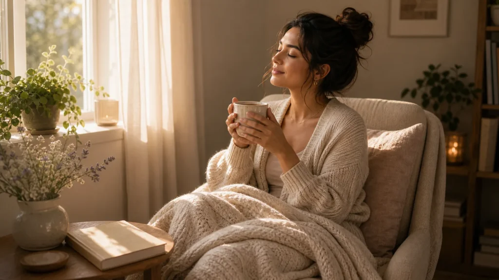 A woman sitting in a quiet nook with tea, soft blanket, plant, sunlight, and peaceful home mood, no text.
