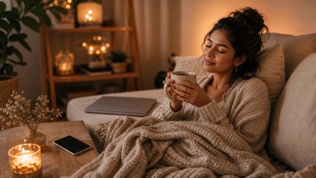 A woman resting with tea, soft blanket, phone down, peaceful evening self-care mood, no text.