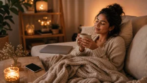 A woman resting with tea, soft blanket, phone down, peaceful evening self-care mood, no text.