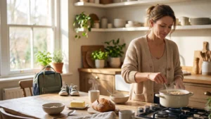 A calm mother preparing a warm school morning at home with breakfast and backpack nearby, no text.
