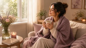 A serene home scene of a woman holding a mug by a window with a folded blanket and fresh flowers, feeling supported by small routines, warm light, no text.