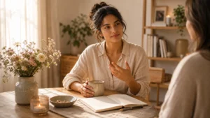 A woman at a table with tea and blank notebook, calm confident posture, soft flowers and light, no text.