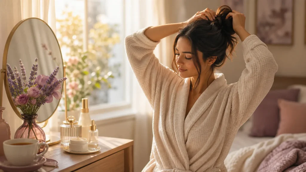 soft beautiful morning habits with a calm vanity and low-pressure beauty care