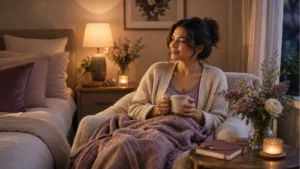 Warm editorial self-care scene for a soft comfort practice