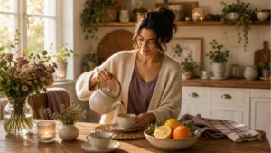 Warm editorial tea ritual scene for traditional home comfort