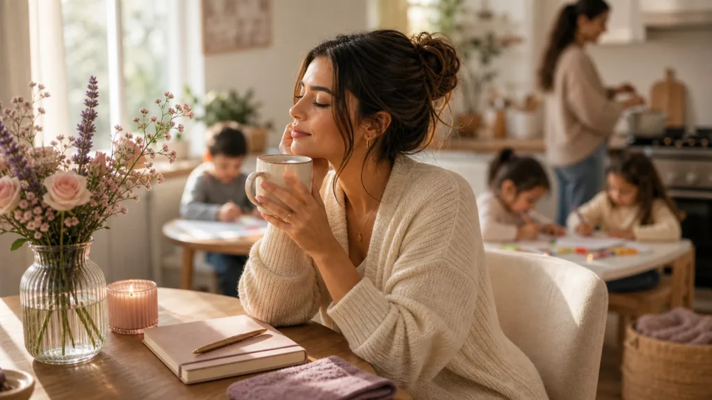 A relatable home moment of a woman taking a quiet pause in a cozy corner while family life is softly implied in the background, warm supportive mood, no text.