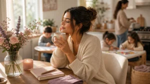 A relatable home moment of a woman taking a quiet pause in a cozy corner while family life is softly implied in the background, warm supportive mood, no text.