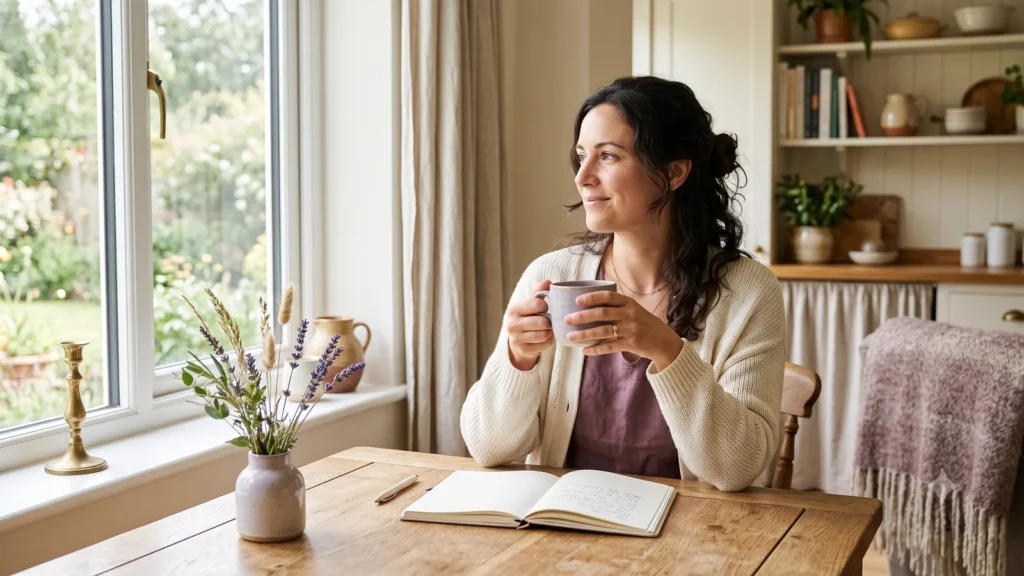 Warm editorial comfort pause scene for feeling stretched thin