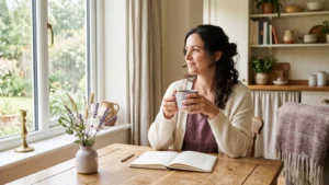 Warm editorial comfort pause scene for feeling stretched thin