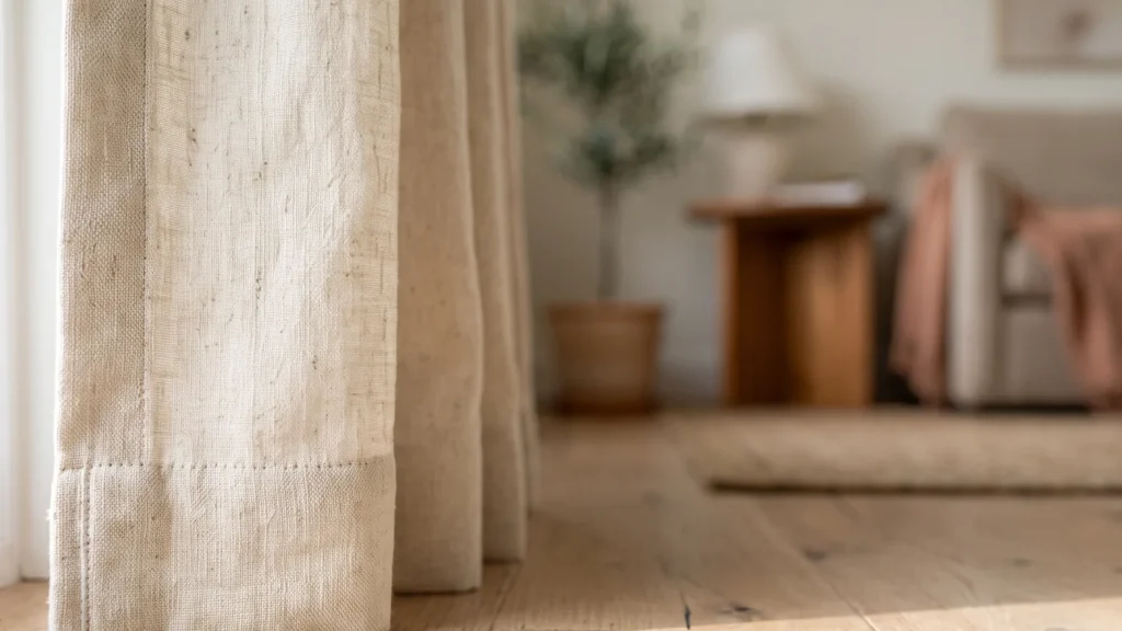 Cream linen curtain hem meeting a pale oak floor in a bright living room