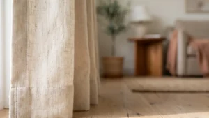 Cream linen curtain hem meeting a pale oak floor in a bright living room
