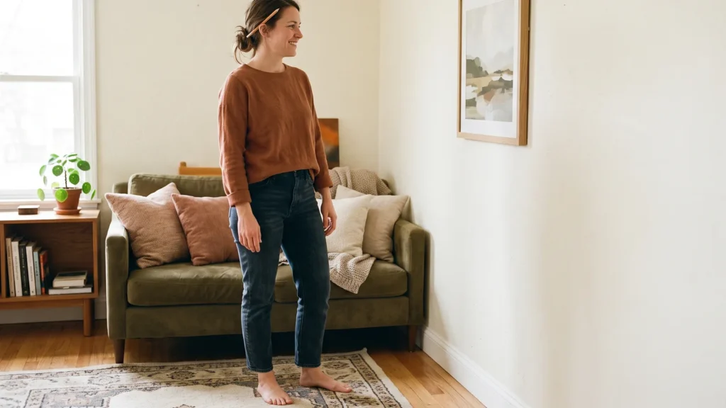 A woman standing back in her living room, smiling as she looks at a framed picture she has just hung above a green sofa