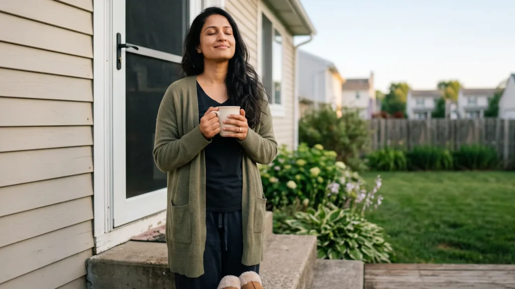 A woman standing at her back door in early morning light holding a mug, eyes closed, face turned to the sky