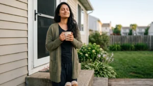 A woman standing at her back door in early morning light holding a mug, eyes closed, face turned to the sky