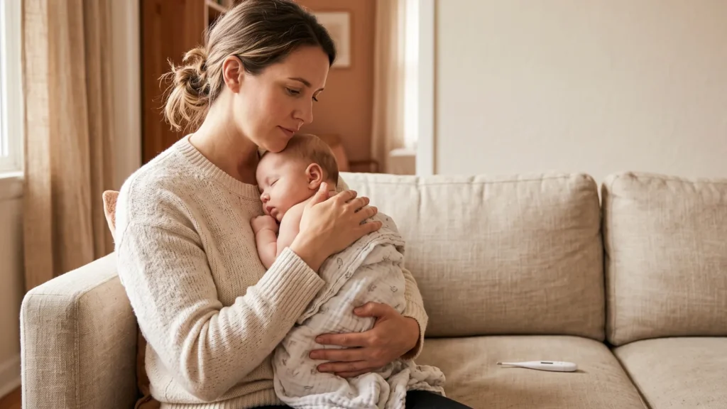 A mother sitting on a sofa holding her sleeping baby against her shoulder, a thermometer on the cushion beside her
