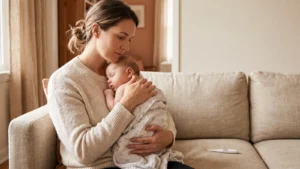 A mother sitting on a sofa holding her sleeping baby against her shoulder, a thermometer on the cushion beside her