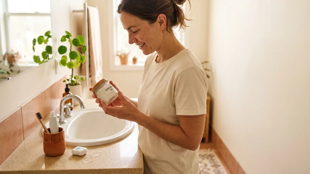 A woman smiling as she looks at a jar of coconut oil in her bathroom, with a toothbrush and dental floss on the counter
