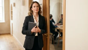 A woman in a blazer holding a notebook, pausing outside a meeting room door before going in