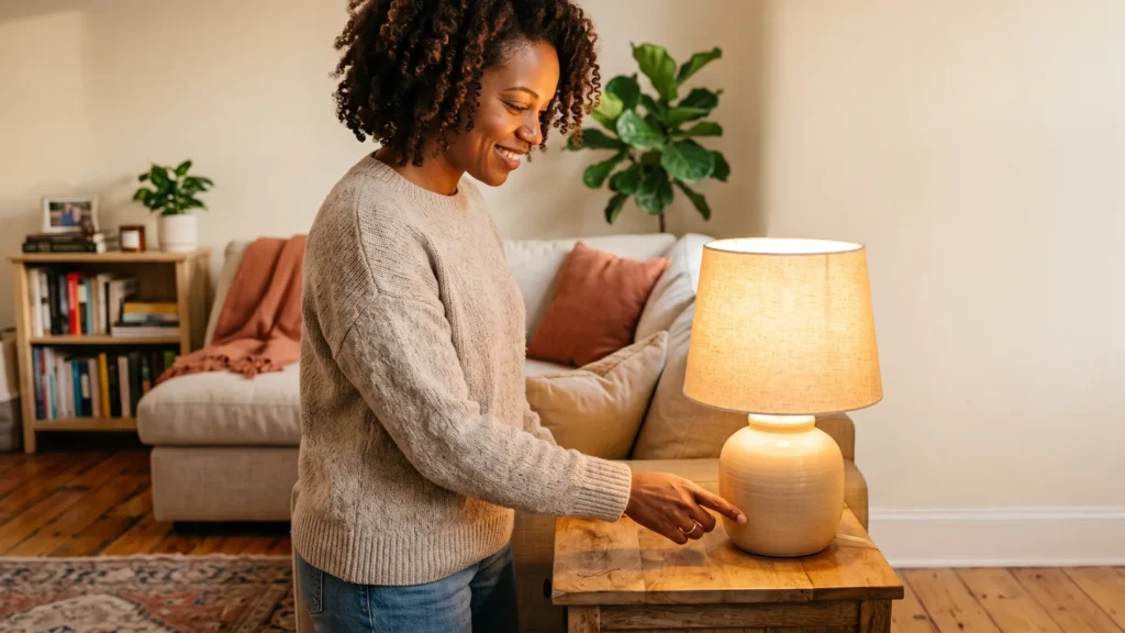 A woman switching on a warm table lamp in her living room in the late afternoon, smiling