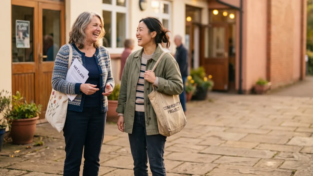 Two women laughing together outside a community hall after a class, tote bags on their shoulders