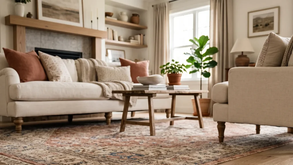 Living room with a large area rug anchoring a cream sofa and armchairs