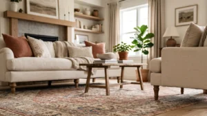 Living room with a large area rug anchoring a cream sofa and armchairs