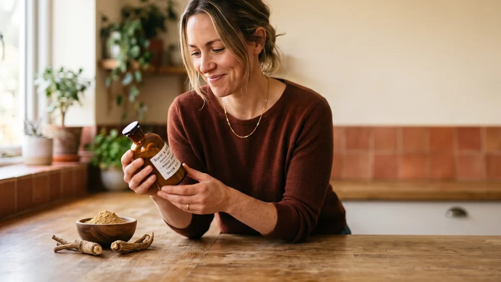 A woman in a kitchen smiling as she reads the label on an amber supplement bottle, ashwagandha powder and root on the counter
