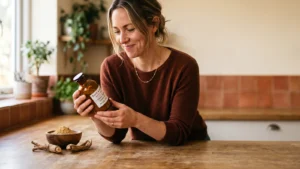A woman in a kitchen smiling as she reads the label on an amber supplement bottle, ashwagandha powder and root on the counter