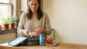 A mother packing an insulated school lunch bag with a sandwich container, frozen juice box and an apple