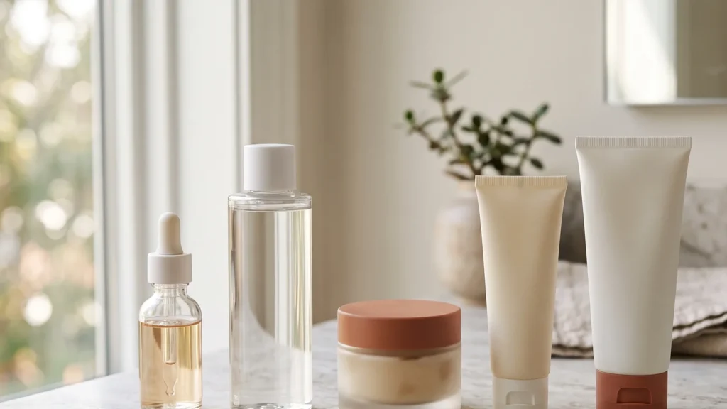 Skincare products arranged left to right from thinnest to thickest on a marble counter