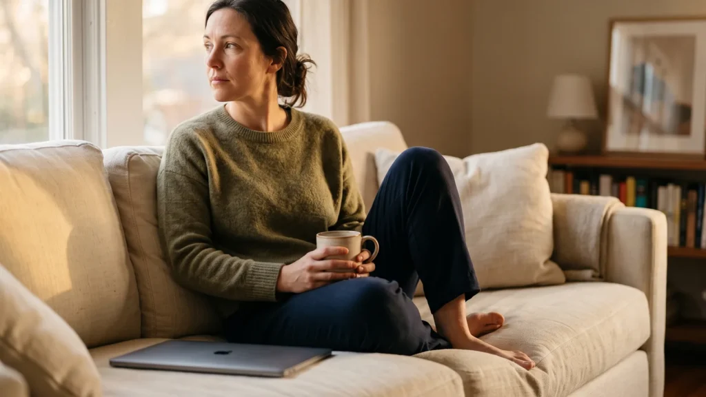 A woman sitting on a sofa in late Sunday afternoon light holding a mug, a closed laptop beside her