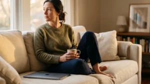A woman sitting on a sofa in late Sunday afternoon light holding a mug, a closed laptop beside her