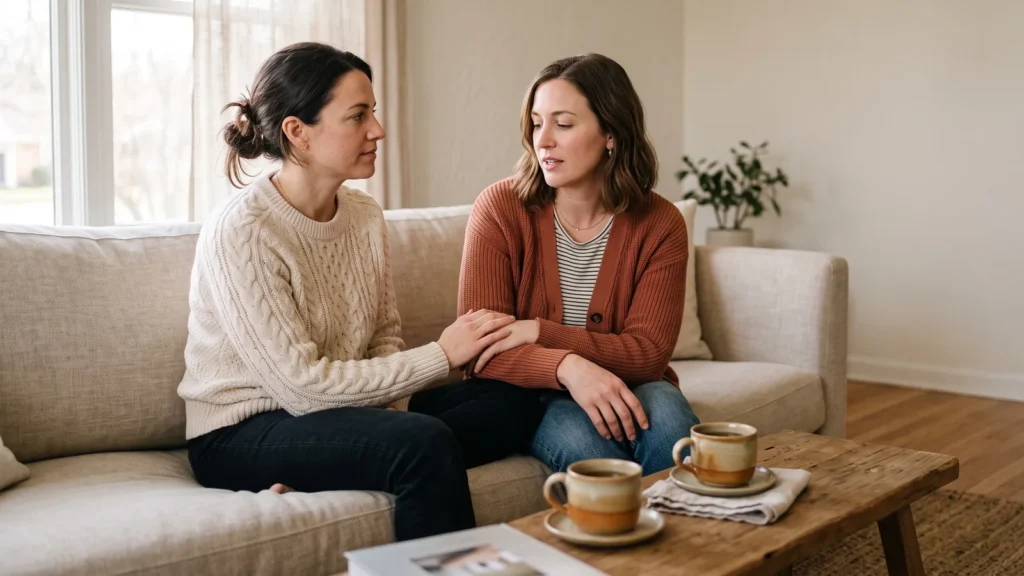 Two women sitting together on a sofa, one listening and holding the other hand