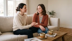 Two women sitting together on a sofa, one listening and holding the other hand