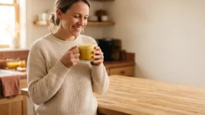 A woman holding a glass mug of golden turmeric latte in a warm kitchen, smiling as she drinks it